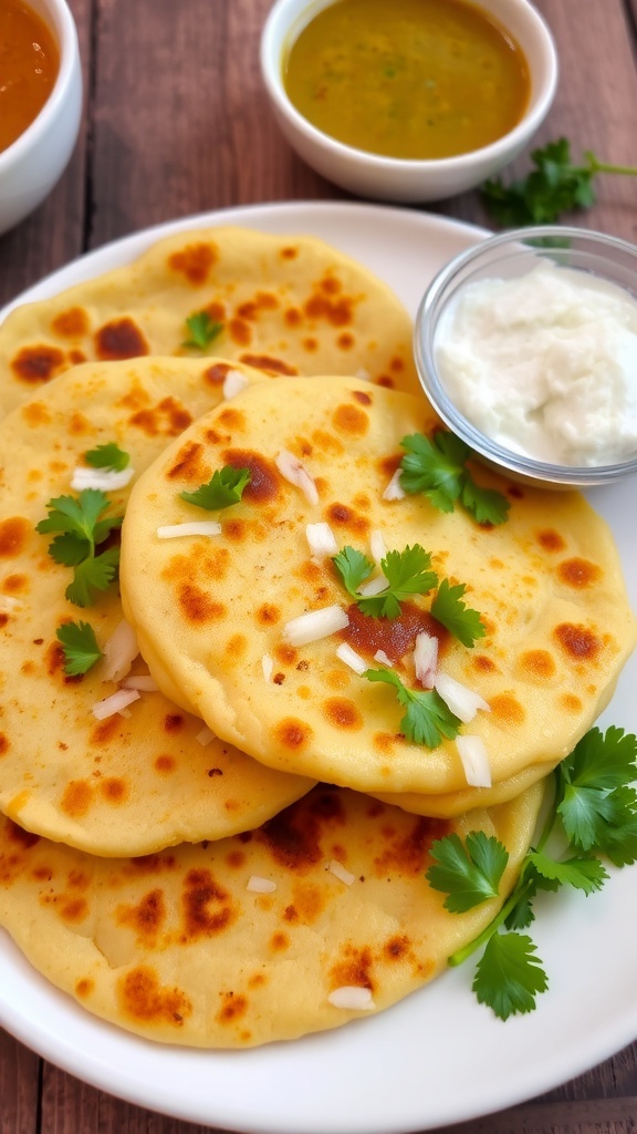 A plate of onion uttapams with chutney and sambar on a wooden table.
